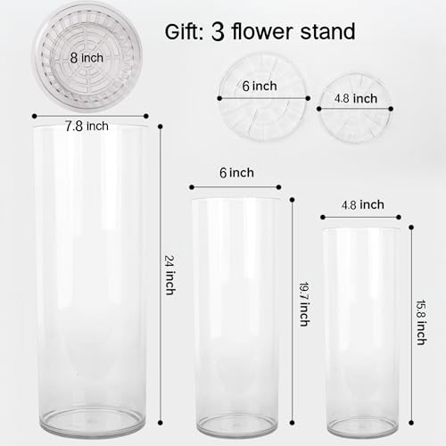 XXL Extra Large Clear Acrylic Floor Vase Set - 3 Sizes, Unbreakable Cylinder Flower Holders