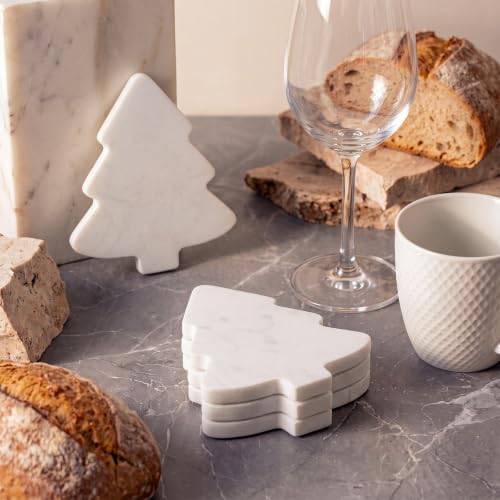 Acellegic Christmas Trees Marble Coasters Set of 4 White 4.7 x 3.9 inches - Holiday Table Decor