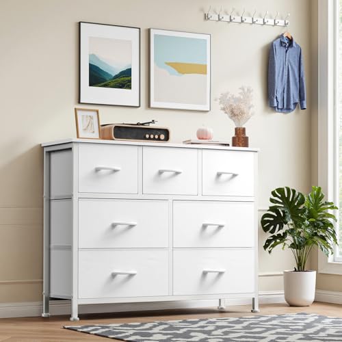 Atilioo White 7-Drawer Dresser for Bedroom Storage, Anti-Tip Fabric Tower