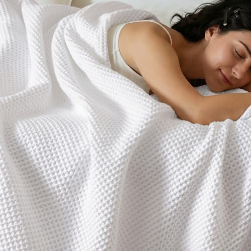 PHF 100% Cotton Waffle Blanket Lightweight Breathable, Queen Size,