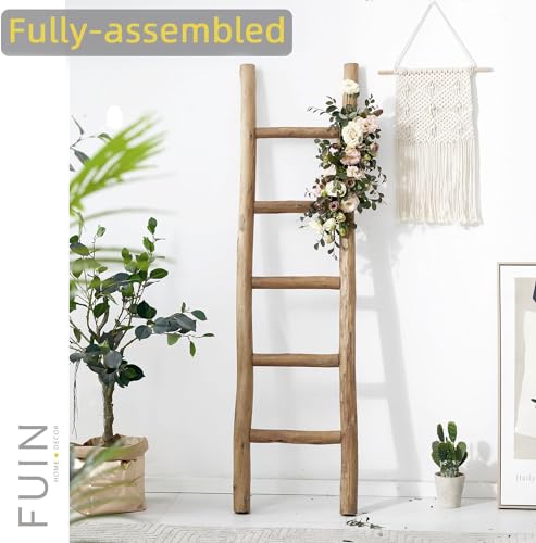 FUIN Rustic Wooden Blanket Ladder 57in - Fully Assembled, Brown Medium