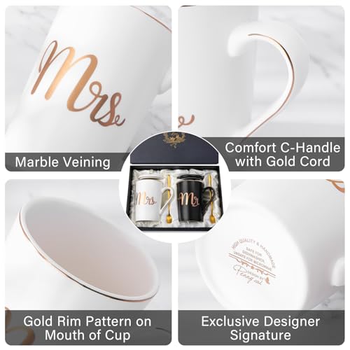 Mr and Mrs Mugs Set Printed with Gold, Wedding Engagement Gifts for