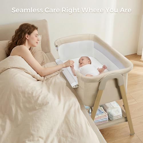 Baby Bassinet Bedside Sleeper Khaki 2-in-1 Crib with Mattress & Mesh Design