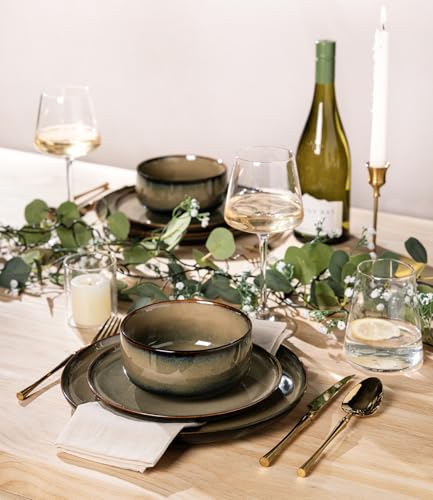 Ceramic Dinnerware Set for 4 - 12-Piece Mocha Brown Kitchen Plates & Bowls