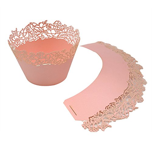 Cupcake Wrappers Pack of 50 Pink Filigree Artistic Bake Cake Paper Cups Little Vine Lace Laser Cut Liner Baking Cup Muffin Case Trays for Wedding Party Birthday Decoration -By KEIVA