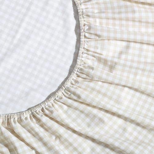 Little Gingham Beige Full Size Cotton Percale Sheet Set with Fitted Sheet & Pillowcases