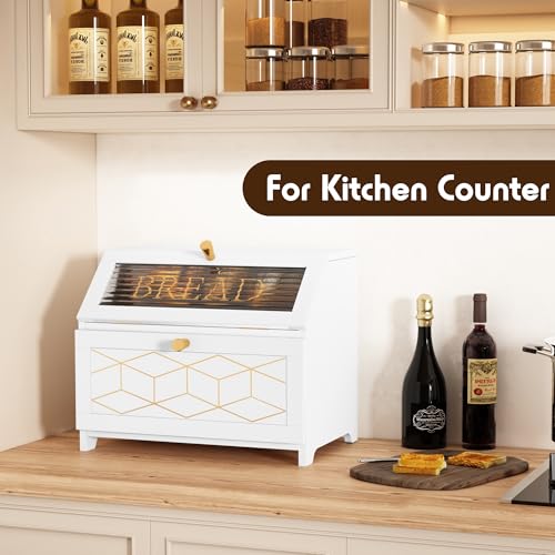 White Double Layer Bread Box with Golden Trim - Wooden Countertop Storage for Kitchen - Solid White