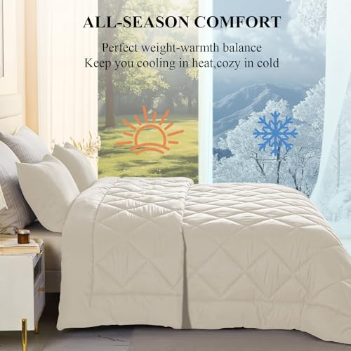 Alaskan King Size Comforter Beige 132x120 Oversized All-Season Down Alternative Quilt with 8 Corner Tabs - Extra Large Bed Duvet Insert