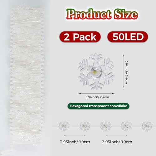 kolpop 2 Pack 50 LED Fairy Lights Battery Operated with Timer, Transparent Snowflakes String Lights Battery Powered with Remote Control Waterproof for Indoor Outdoor Christmas Decorations