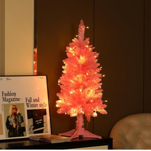 Nakolulu 3ft Pink Mini Christmas Tree with 50 LED Lights, 160 Tips, Hinged Branches & Detachable Stand - Pink Christmas Tree