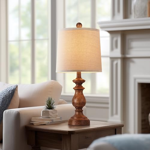 PARTPHONER Rustic Farmhouse Wood Grain Table Lamp Set of 2 - 22 Inch Linen Shade Nightstand Lamps for Living Room & Bedroom