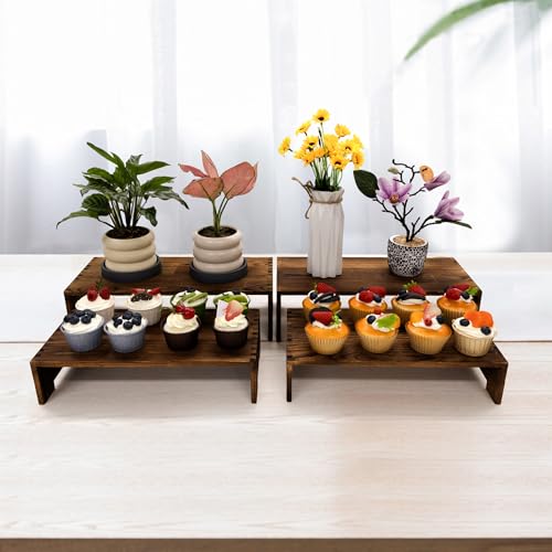 Large Wooden Display Risers Set - 2 Pack 2-Tier Cupcake & Dessert Stands, Rustic Brown