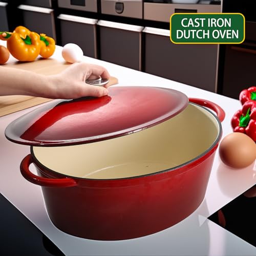 9.6 QT Enamel Cast Iron Dutch Oven - Red Gradient, Oval, Heavy Duty