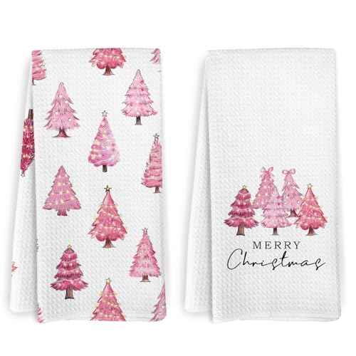 Pink Christmas Tree Kitchen Towels and Dishcloths Set of 2, Pink Christmas Decor, Pink Dish Towels, Merry Christmas Decorative Hand Towels for Bathroom Kitchen Girls Dorm Room, 16¡¿24 Inches