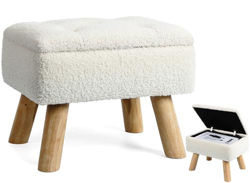 Cream Storage Ottoman Footstool with Padded Teddy Velvet Seat & Wooden Legs
