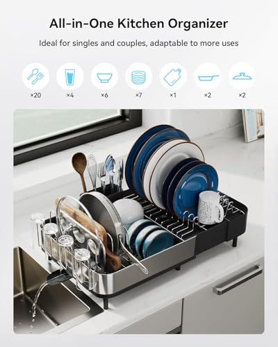 Expandable Dish Drying Rack with Stainless Steel Brackets - Space Saving Kitchen Organizer