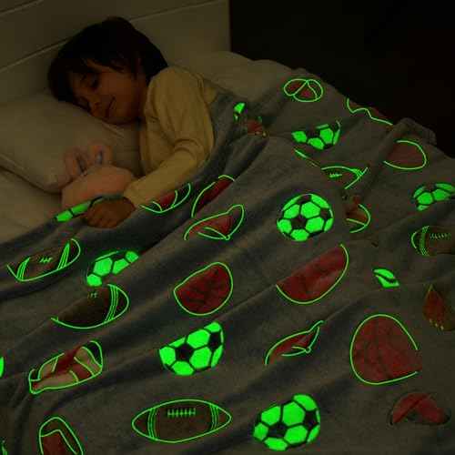 inhand Soccer Glow in The Dark Blanket Football Blanket Soccer Gift Toys for Boys Girls Teen Soft Cozy Kids Throw Blanket Bedroom Decor,Christmas Easter Birthday £¨Blue 50"x60"£©