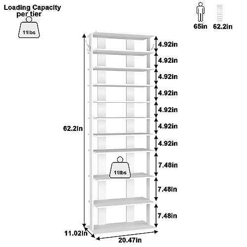 HOMEFORT 10-Tier Corner Shoe Rack White 20.47 x 11.02 x 62.2 inches Slim Shoe Organizer for Entryway and Closet