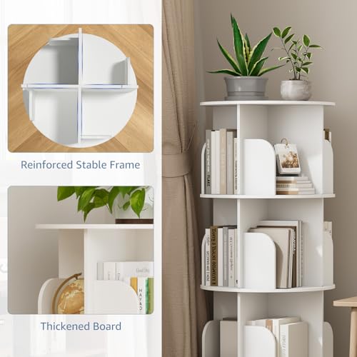 White 4-Tier Rotating Bookshelf Tower - Space-Saving Spinning Bookcase