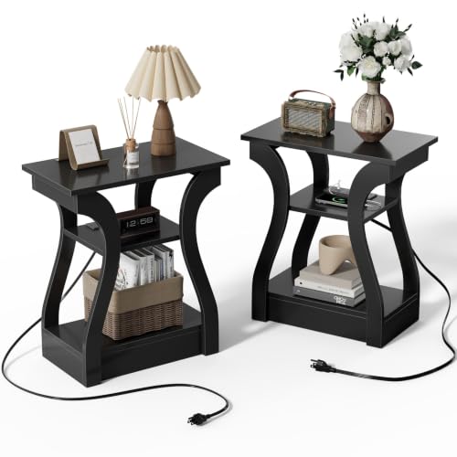 End Table with Charging Station Set of 2 - Modern Curved Nightstands, Black
