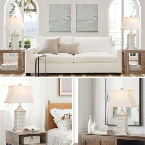 Hamucd Washed White Coastal Table Lamps Set of 2 - Beach Nautical Modern Resin Nightstand Lamps with USB A+C, 3-Color LED Lighting