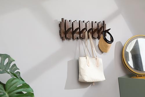 GOGREEBELL Walnut Color Wall Mount Coat Rack with 7 Hooks - Handmade Acacia Wood Entryway Organizer