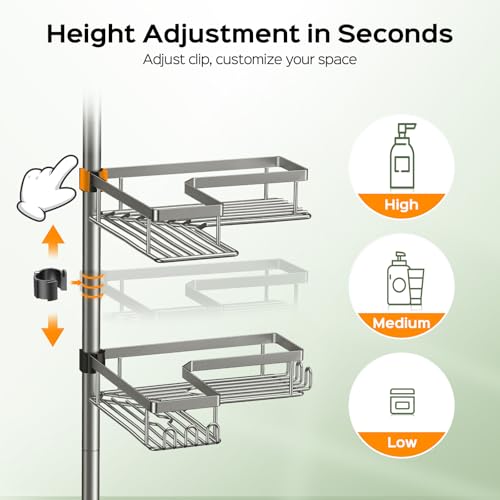 HAMITOR Silver Gray 4-Tier L-Shaped Corner Shower Organizer Tension Pole