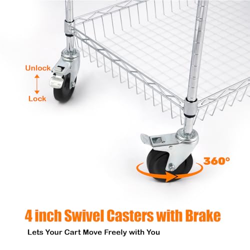 Heavy Duty 3-Tier Rolling Cart with Metal Wire Shelves & Locking Casters