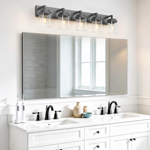 Leifod Matte Black 5-Light Bathroom Vanity Light with Clear Glass Shades - Modern Fixture, Over Mirror, 36 Inch