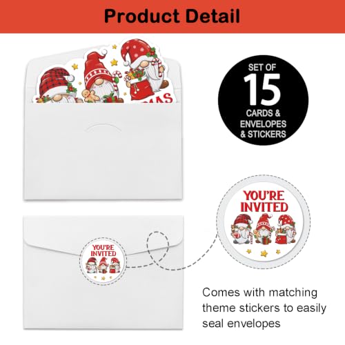 Gnome Christmas Invitation Set – 15 Invites with Envelopes & Stickers