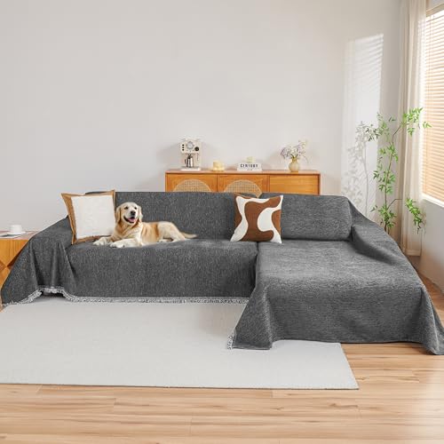 Dark Grey Couch Cover for Sectional Sofa - 2 Pieces, 71x118 Inches, Chenille Material - X-Large
