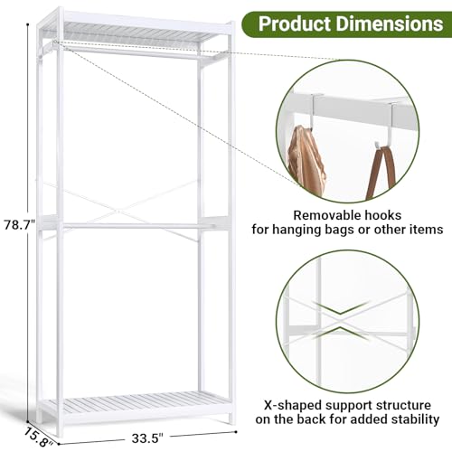 White Bamboo Clothing Rack with Shelves - 33.5” Wide, 78.8” Tall, Double Hanging Rods