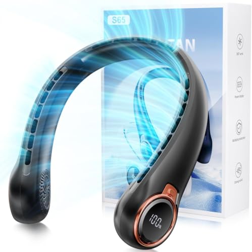 Portable Neck Fan with 6000mAh USB Rechargeable Battery - Black, Medium, 360° Bladeless Cooling, 3 Speeds, LED Display, Lightweight Wearable Fan