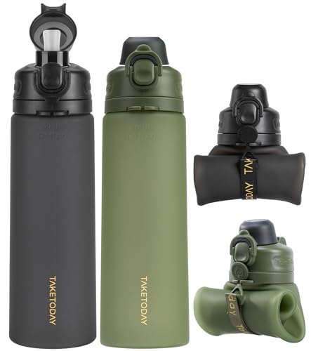 Foldable 21oz Collapsible Water Bottle with Straw & Carry Strap - Black & Jungle