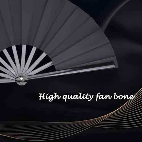 2 Pack Large Folding Hand Fan, Black Chinese Kung Fu Tai Chi Fan Nylon-Cloth Fan For Men And Women Performance, Dance, Decorations, Festival, Gift (Folding fan black 2p)