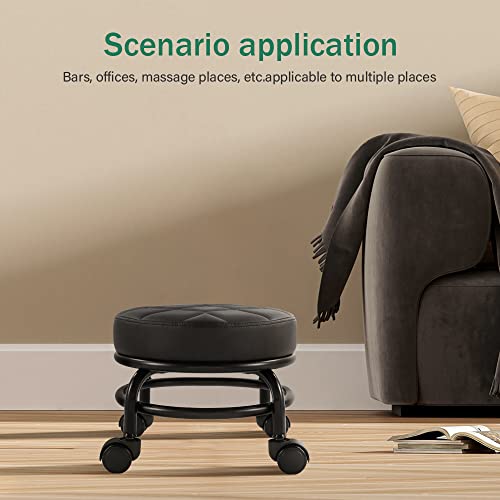 FURWOO Black PU Leather Rolling Stool with Wheels - Low Manicure & Garage Seat