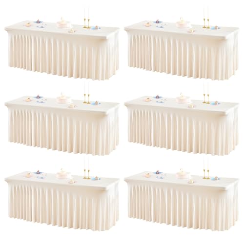 Party Talk Ivory 6ft Spandex Table Cover with Skirt - 6 Pack, Wrinkle-Resistant