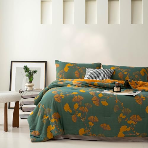 Reversible Cotton Jacquard Comforter Set - Floral Ginkgo Leaves Print, King, Green Yellow