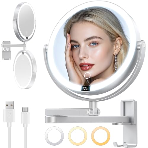 8-Inch Wall Mounted Lighted Makeup Mirror with Digital Display & Magnification