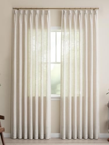 Three Girls Natural Linen Pinch Pleated Curtains 40"W x 90"L Set of 2 - Light Filtering Window Drapes for Living Room & Bedroom