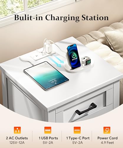 Decofy Farmhouse Nightstand with Charging Station - Pure White, 1 Drawer