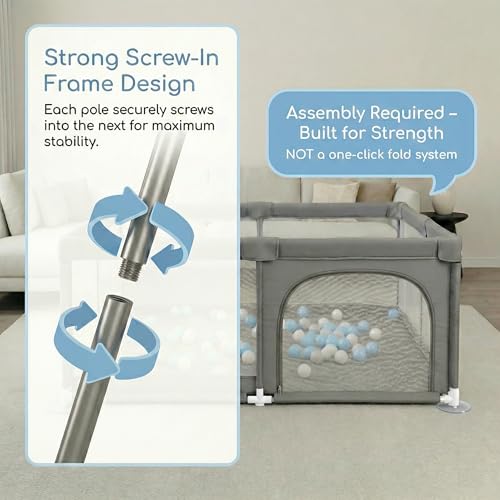 Baby Playpen 50x50 - Large Safe Play Yard for Toddlers & Babies, Grey