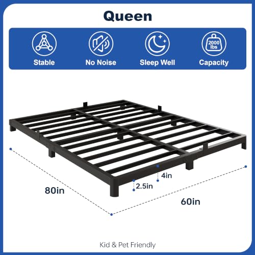Queen Bed Frame - Black Low Profile Metal Platform Bed with Round Legs - Queen (U.S. Standard) Variation