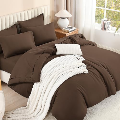 Litanika Brown King Comforter Set with Sheets - 7 Pieces, Solid Bed in a Bag, 104x90 Inches