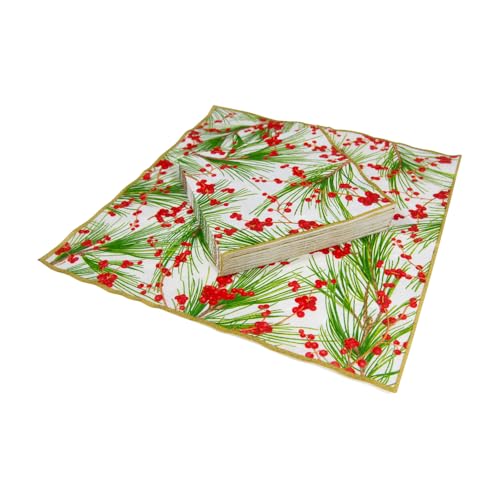 Caspari Christmas Berries and Pine Paper Luncheon Napkins - Holiday Party Supplies, 20 Pack