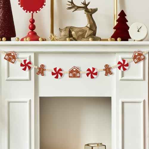 6Ft Christmas Garland - Felt Jinglebread Man & House with Wood Beads - Perfect for Indoor Decorations & Party Supply
