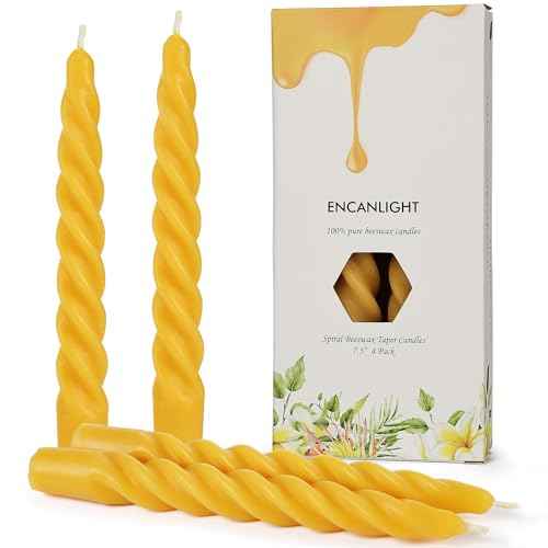 Beeswax Taper Candles, 7.3 inch Spiral Bees Wax Candlestick 4 Packs, Unscented Dripless and Smokeless, 4-5 Hours Long Burning for Home Decorations, Party, Dinner, Christmas