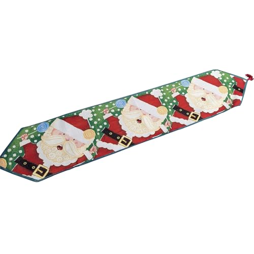 AureoMadis Santa Table Runner 13x70 in Jacquard Woven with Tassels, Red Santa & Lollipop Design