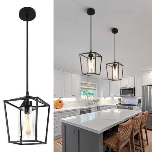 Black Farmhouse Pendant Lights 2 Pack for Kitchen Island with Glass Shades
