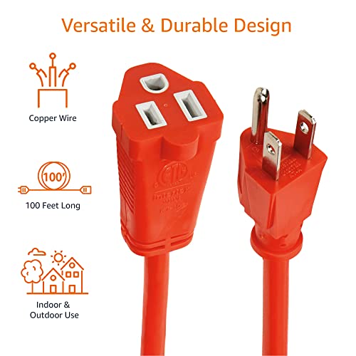 100 ft Outdoor Indoor Extension Cord - Heavy Duty Vinyl Power Cable, 3-Prong, Orange, 10 Amps